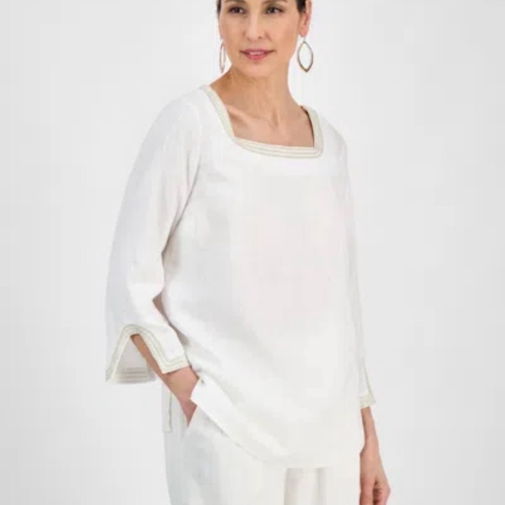 JM Collection Linen Blend White Decorated Trim 3/4 Sleeve Square Neck Tunic Top